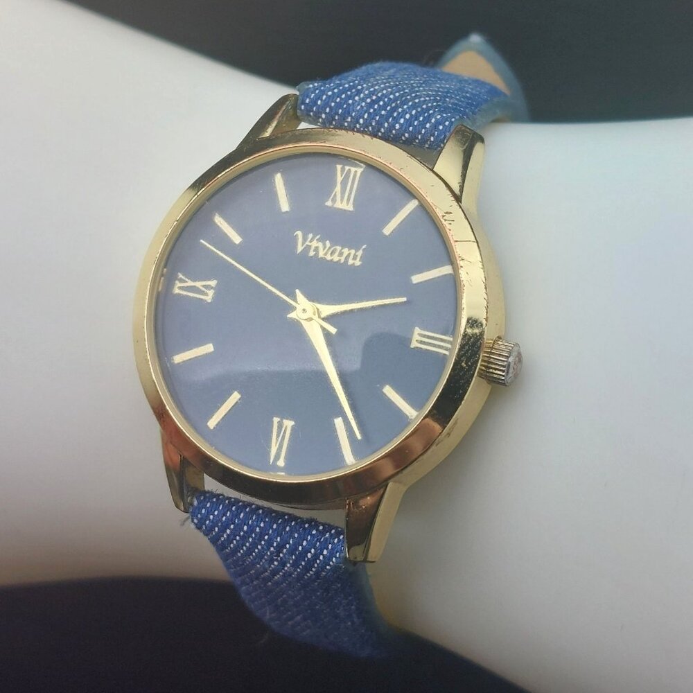 Vivani Gold & Blue Denim Wrist Watch - Stainless Steel Caseback Roman Numerals A